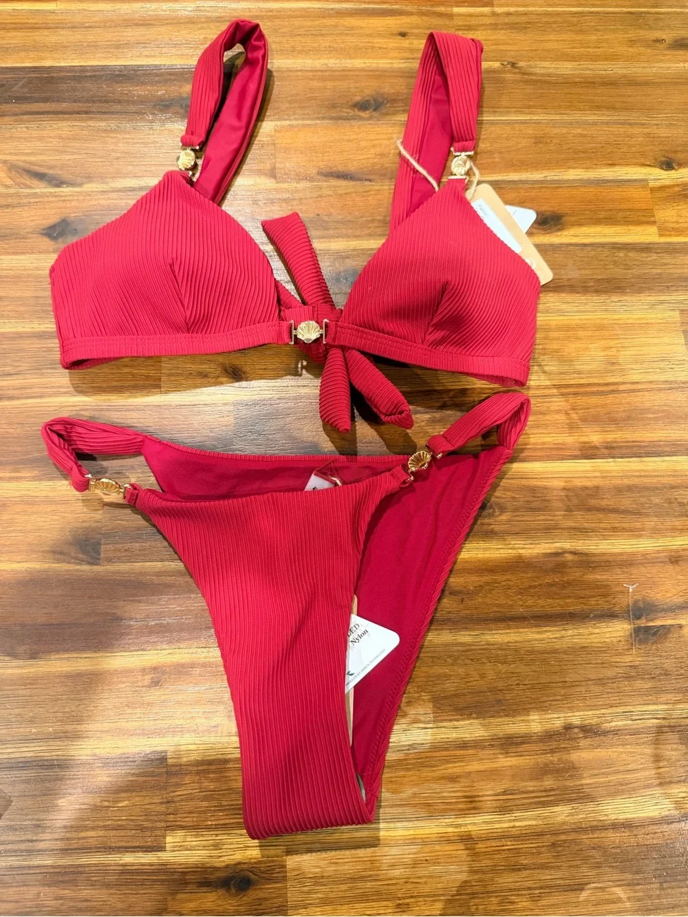 Red Ribbed Tie-Front Bikini Set - Picture 3 of 8